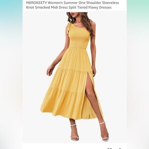 MEROKEETY Women's Summer One Shoulder Sleeveless Knot Smocked Midi Dress Yellow
